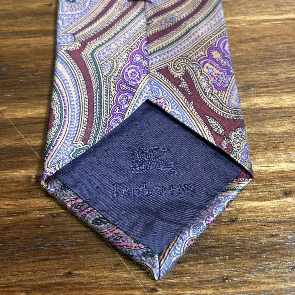 Vintage Burberry of London Silk Tie Burgundy Purple Paisley Men's Hand Sewn USA